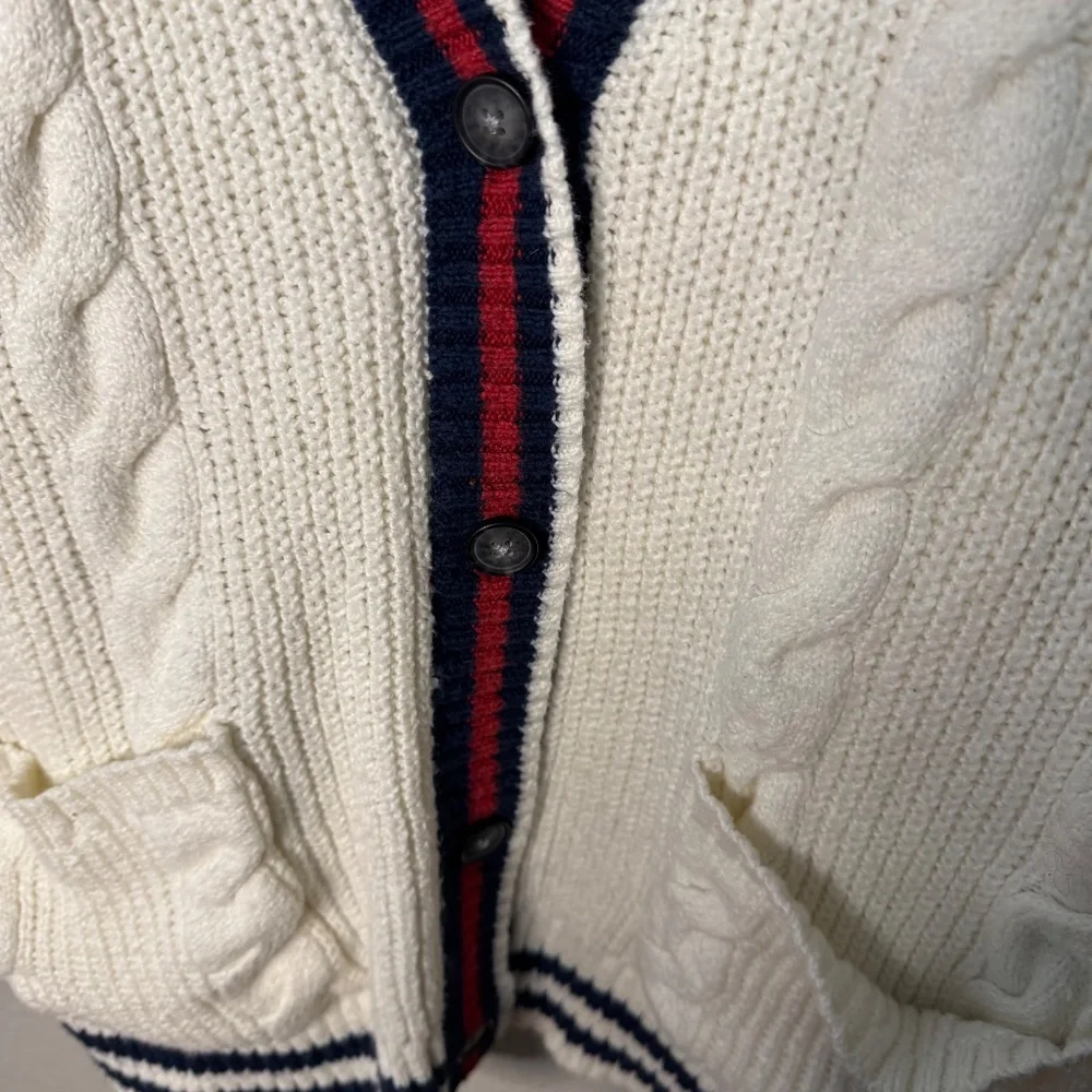 American Eagle White with Red and Navy Blue Trim Academia Style Cardigan - Picture 2 of 4